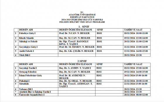 2024-2025 ÖĞRETİM YILI GÜZ YARIYILI FELSEFE BÖLÜMÜ VİZE SINAV PROGRAMI