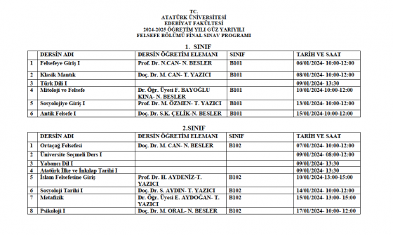 2024-2025 ÖĞRETİM YILI GÜZ YARIYILI FELSEFE BÖLÜMÜ FİNAL VE BÜTÜNLEME SINAV PROGRAMI