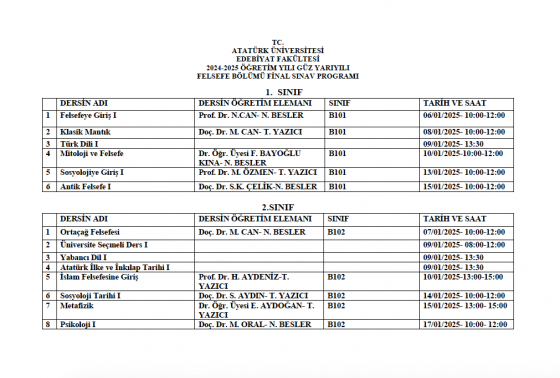 2024-2025 ÖĞRETİM YILI GÜZ YARIYILI FELSEFE BÖLÜMÜ FİNAL VE BÜTÜNLEME SINAV PROGRAMI