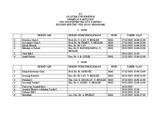 2025-2026 ÖĞRETİM YILI GÜZ YARIYILI FELSEFE BÖLÜMÜ VİZE SINAV PROGRAMI