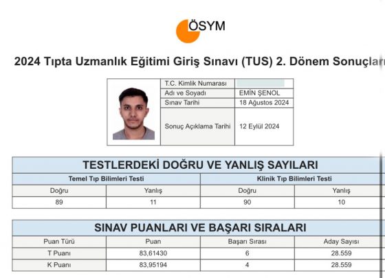 Öğrencimiz Emin ŞENOL 2024 TUS 4. sü oldu.