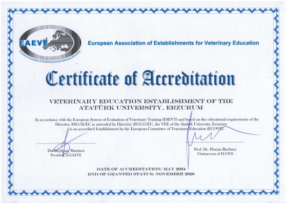 Fakültemiz Avrupa Veteriner Eğitim Kurumları Birliği (European Association of Establishments for Veterinary Education – EAEVE) tarafından akredite edildi